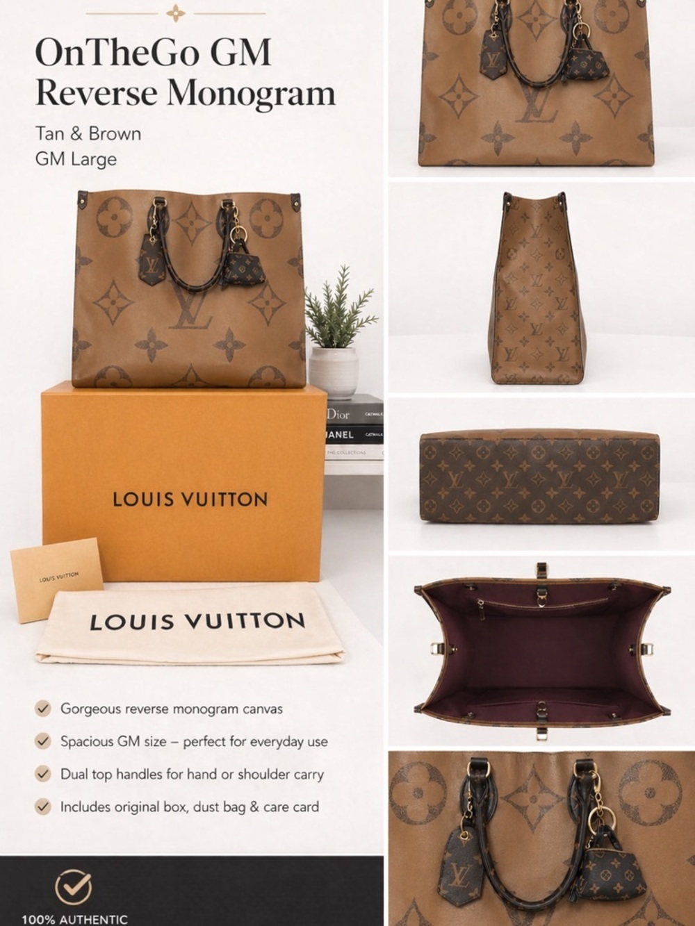 Louis Vuitton OnTheGo Reverse Tan Brown Monogram size GM Lg W Shaper Organizer